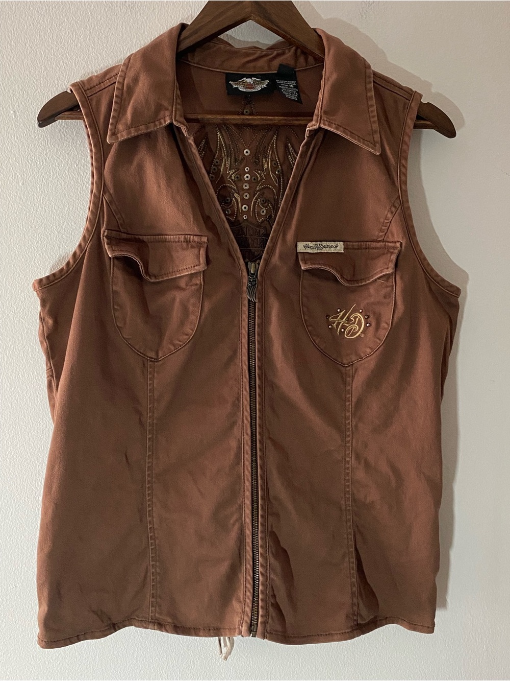 Harley-Davidson Women's Brown Sleeveless Zip Vest with Embroidered Logo